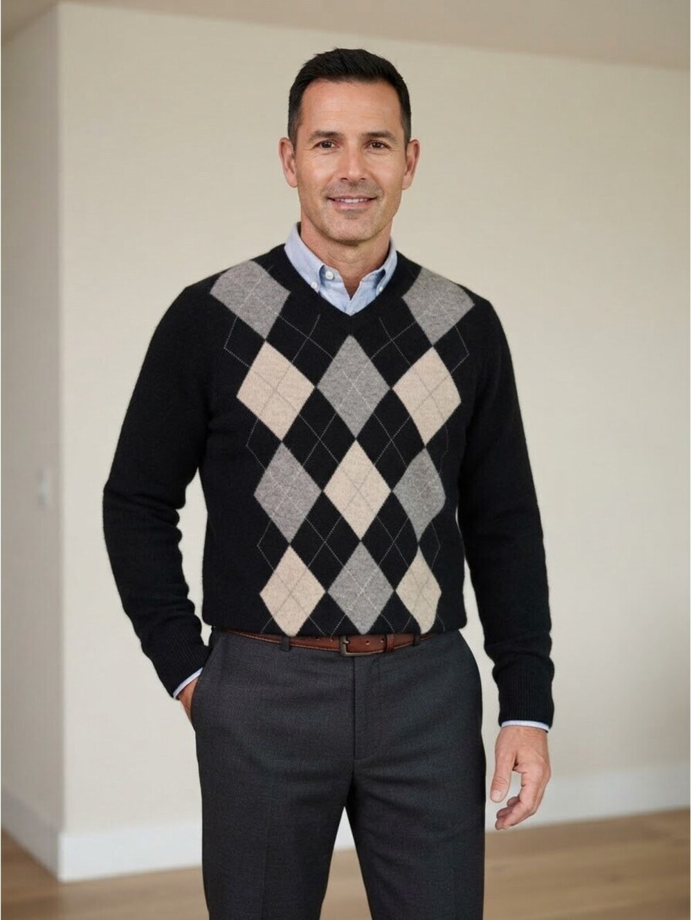 Allen Solly Men's XL Black Cashmere V-Neck Argyle Sweater